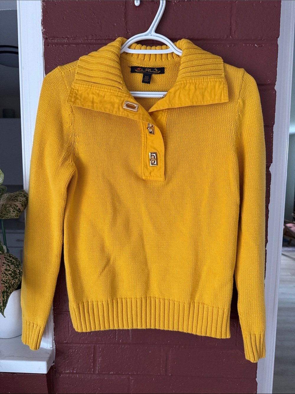 Lauren Ralph Lauren Mustard Yellow Convertible Collar Knit Sweater Petite Small
